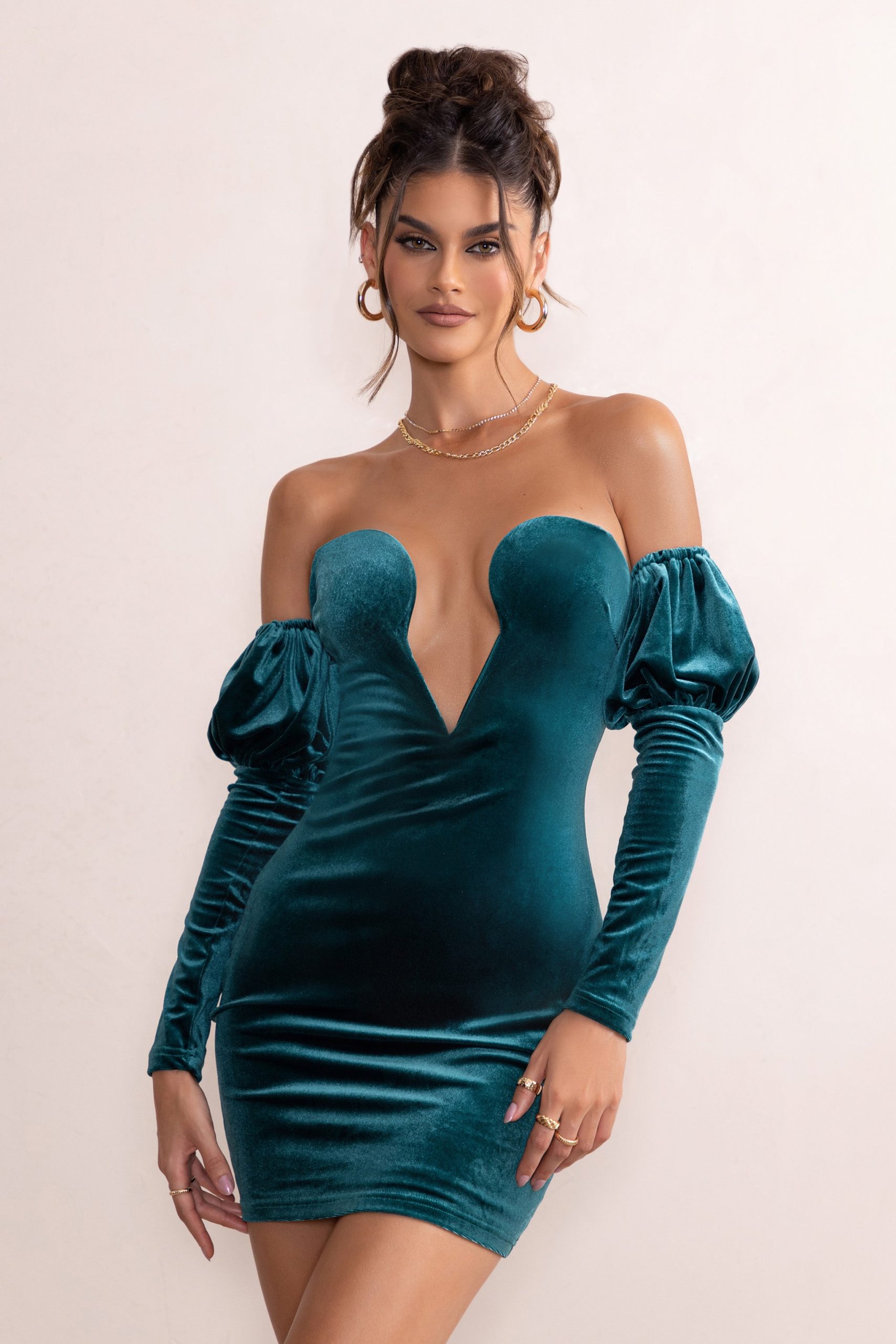 Ivy | Teal Velvet Cut Out Mini Dress With Ruffle Sleeves - Image 4
