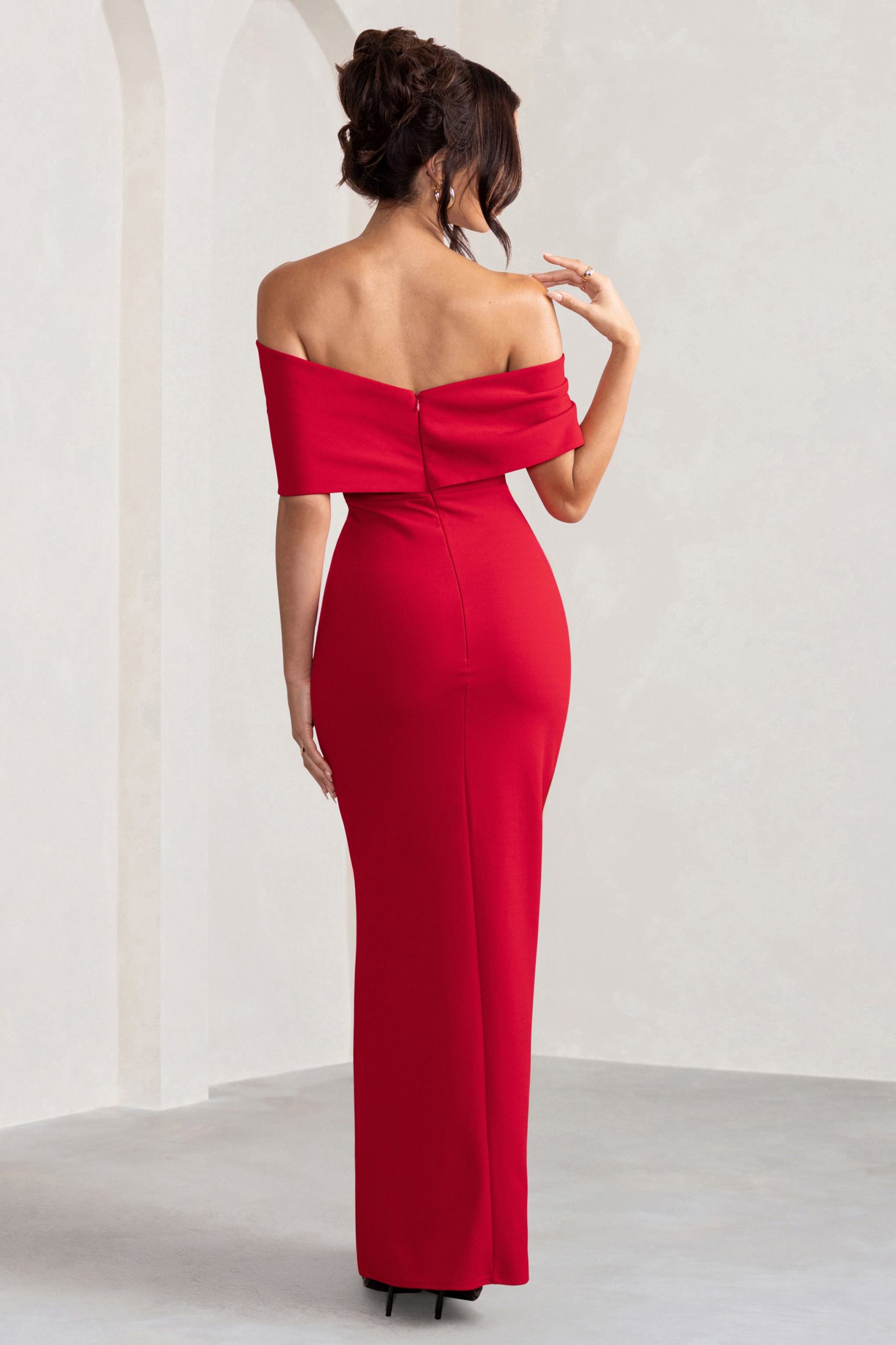 Eva | Red Bardot Bow Detail Maxi Dress With Thigh Split - Image 2