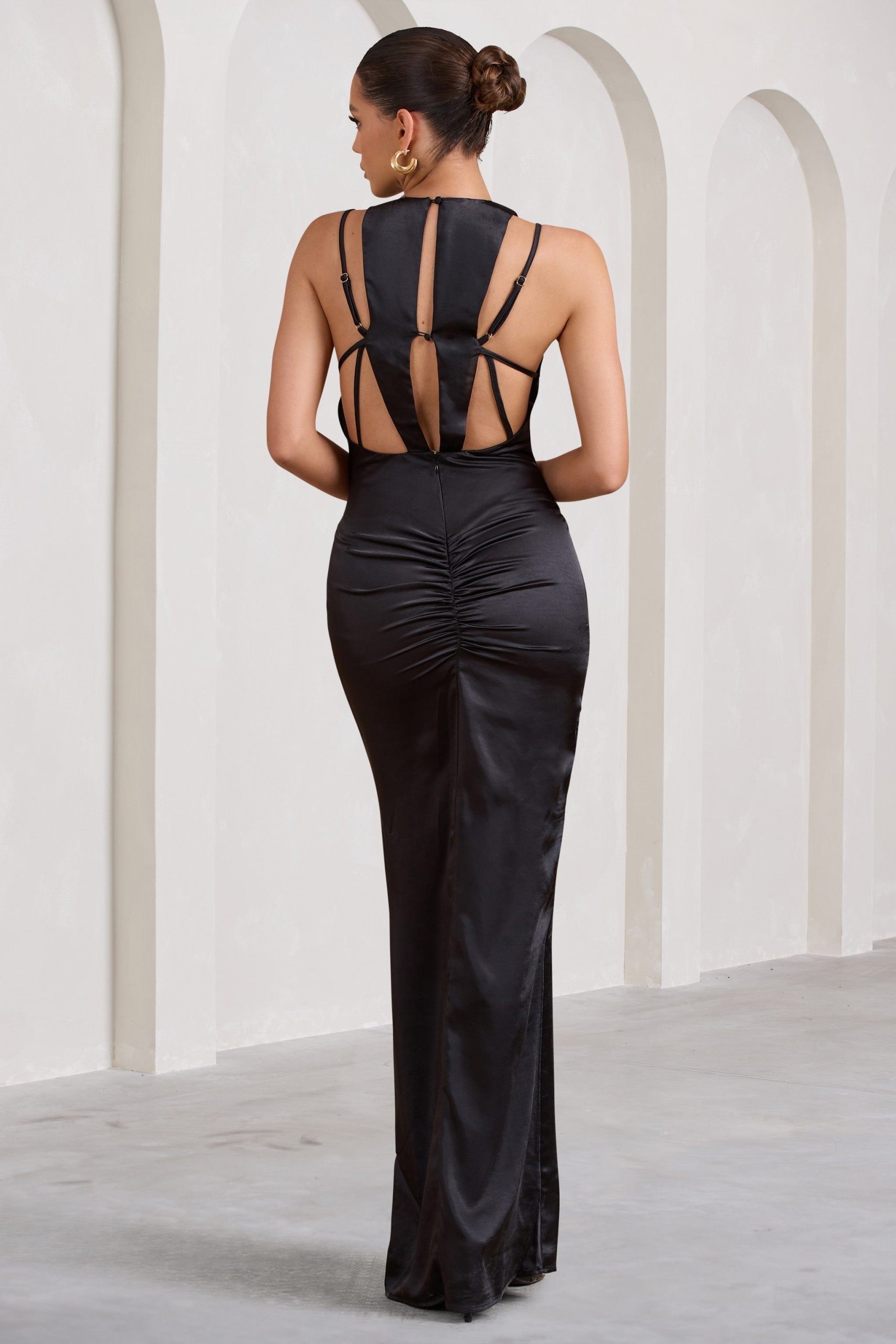 Emery | Black Satin Plunge Neck Strappy Back Maxi Dress - Image 2