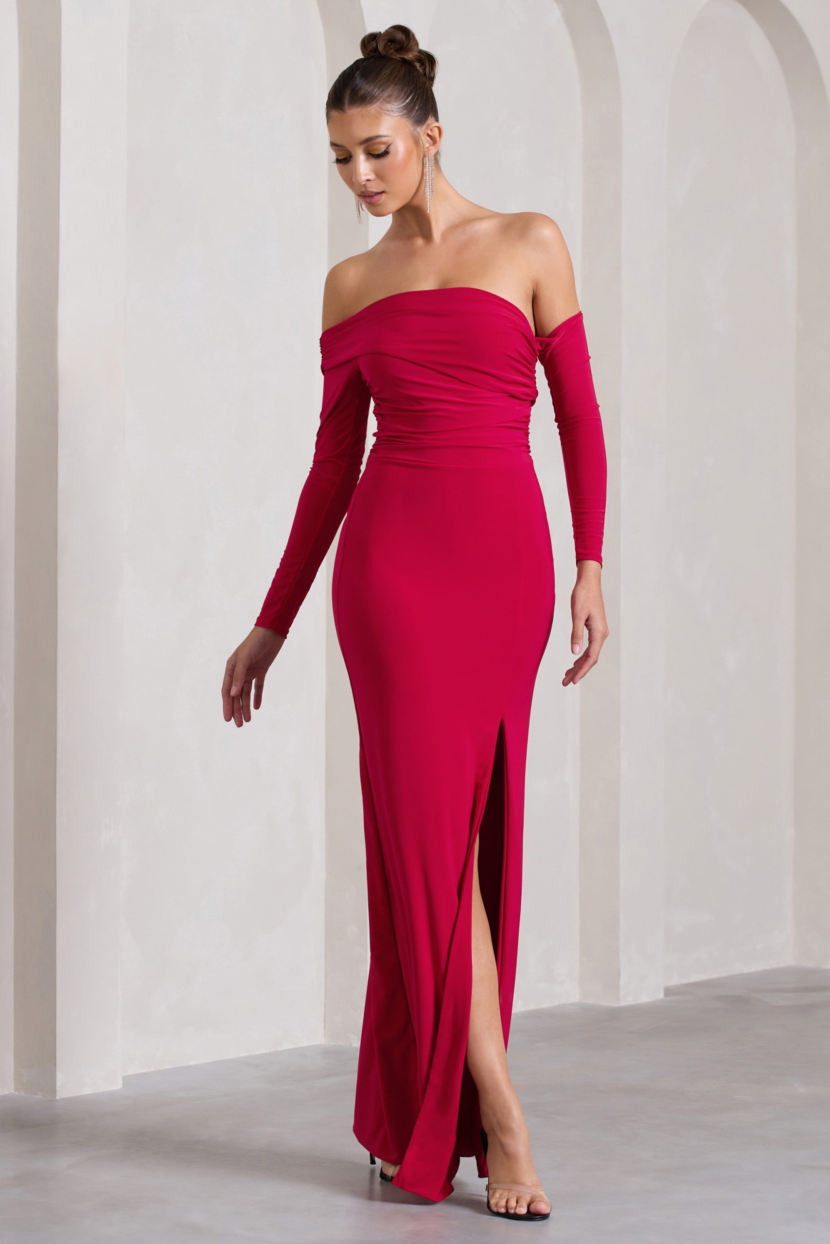 Stand Out | Red Bardot Ruched Maxi With Sleeves And Side Split - Image 4