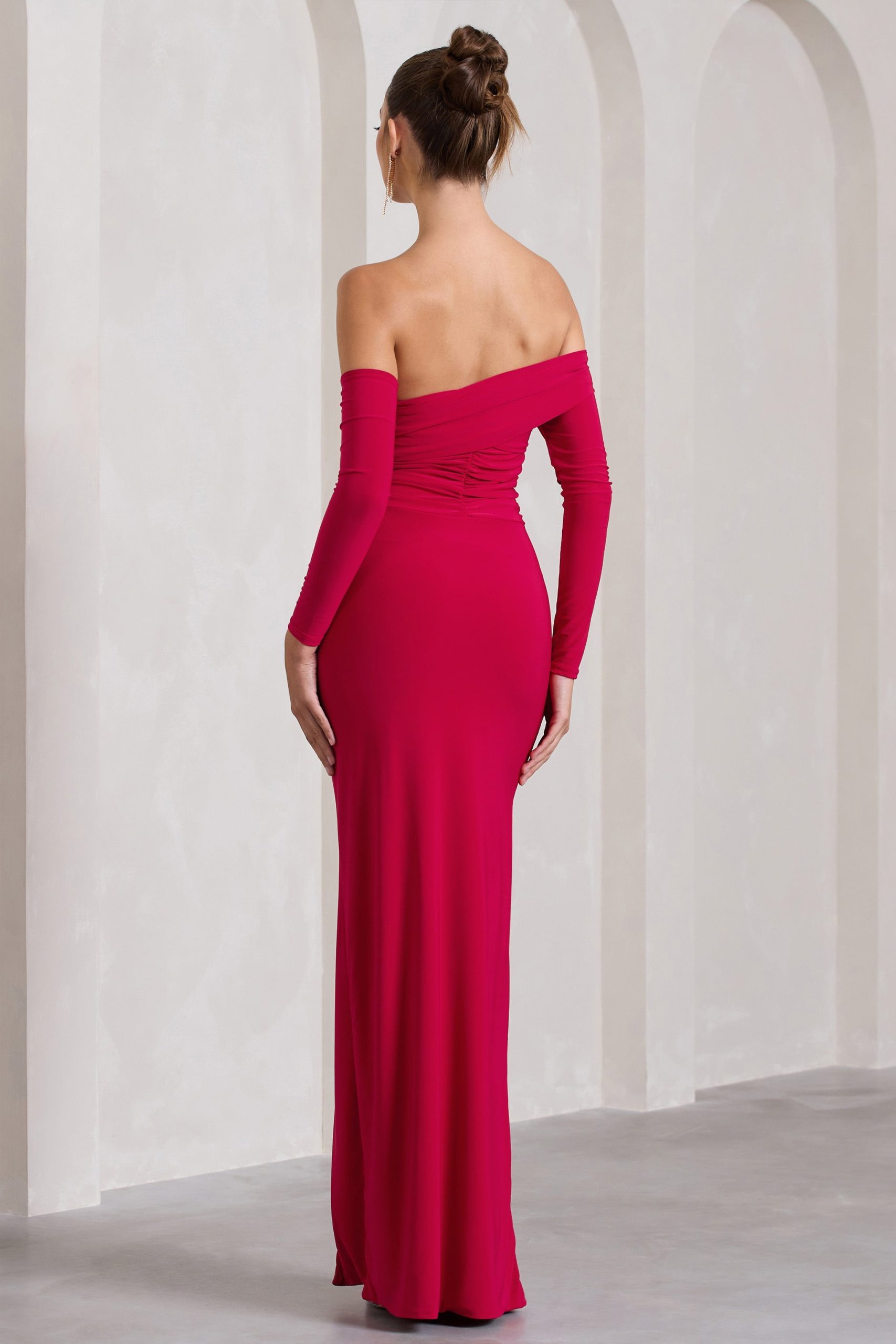 Stand Out | Red Bardot Ruched Maxi With Sleeves And Side Split - Image 2