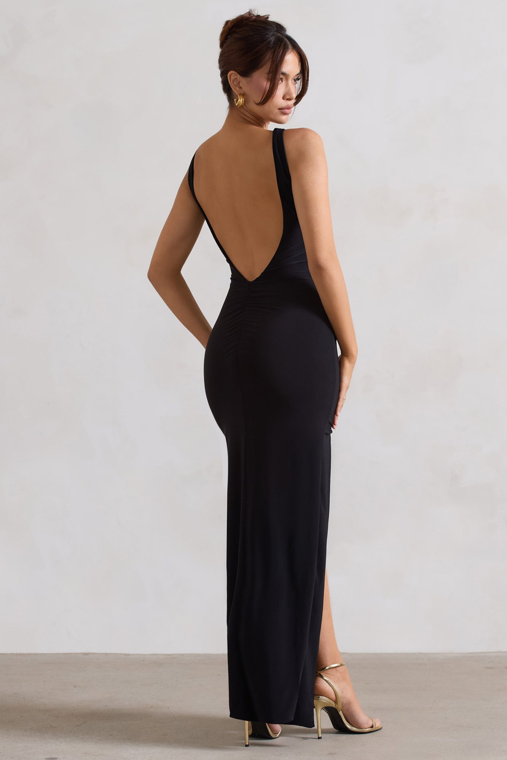 Kate | Black Square Neck Maxi Dress with Plunge Back and Side Thigh Split - Image 2