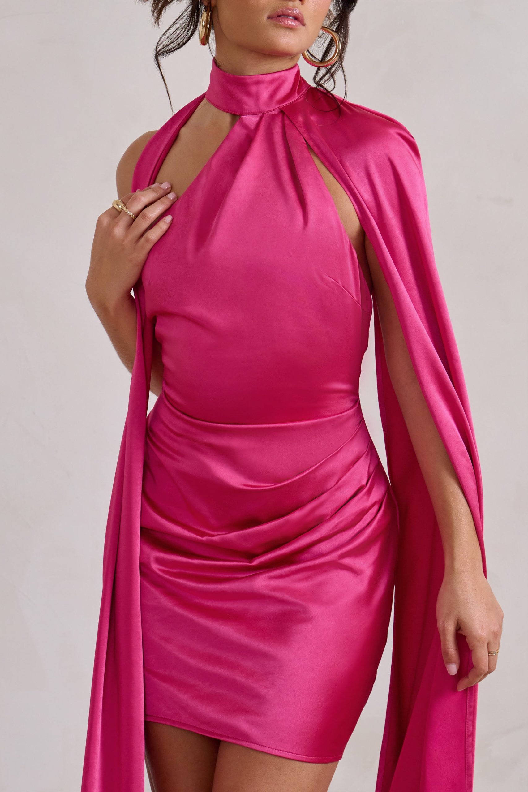 Laurelie | Hot Pink Satin Statement Cape Design Mini Dress - Image 6