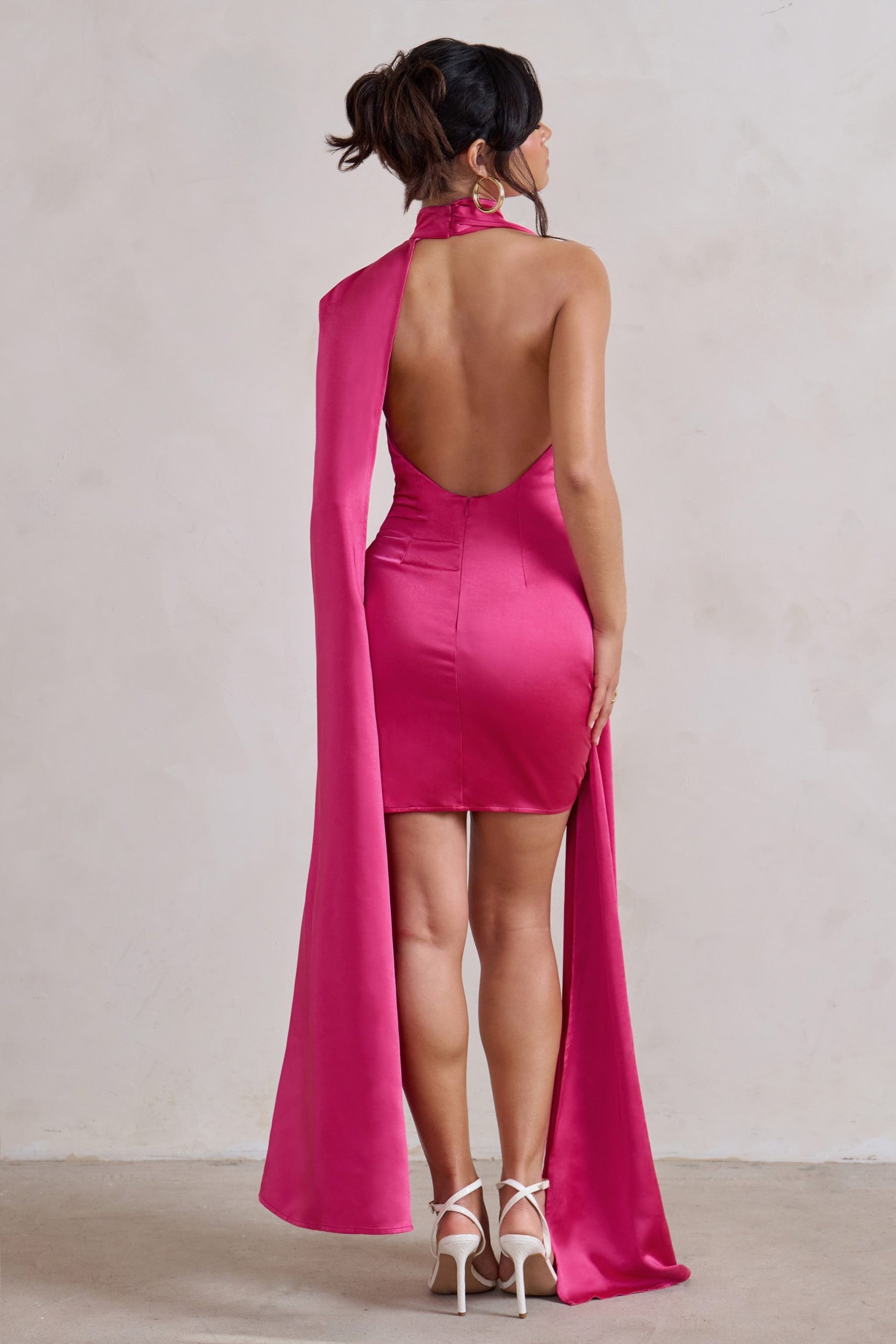 Laurelie | Hot Pink Satin Statement Cape Design Mini Dress - Image 2