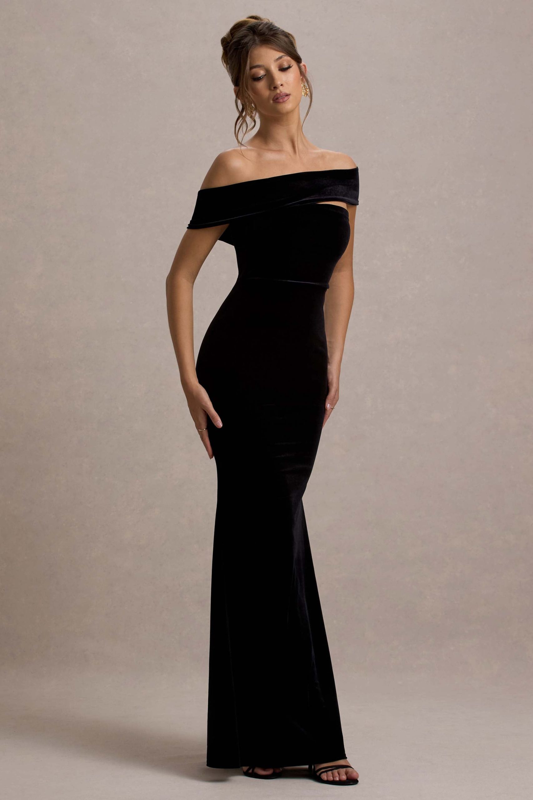 Candela | Black Velvet Asymmetric Bardot Maxi Dress - Image 4