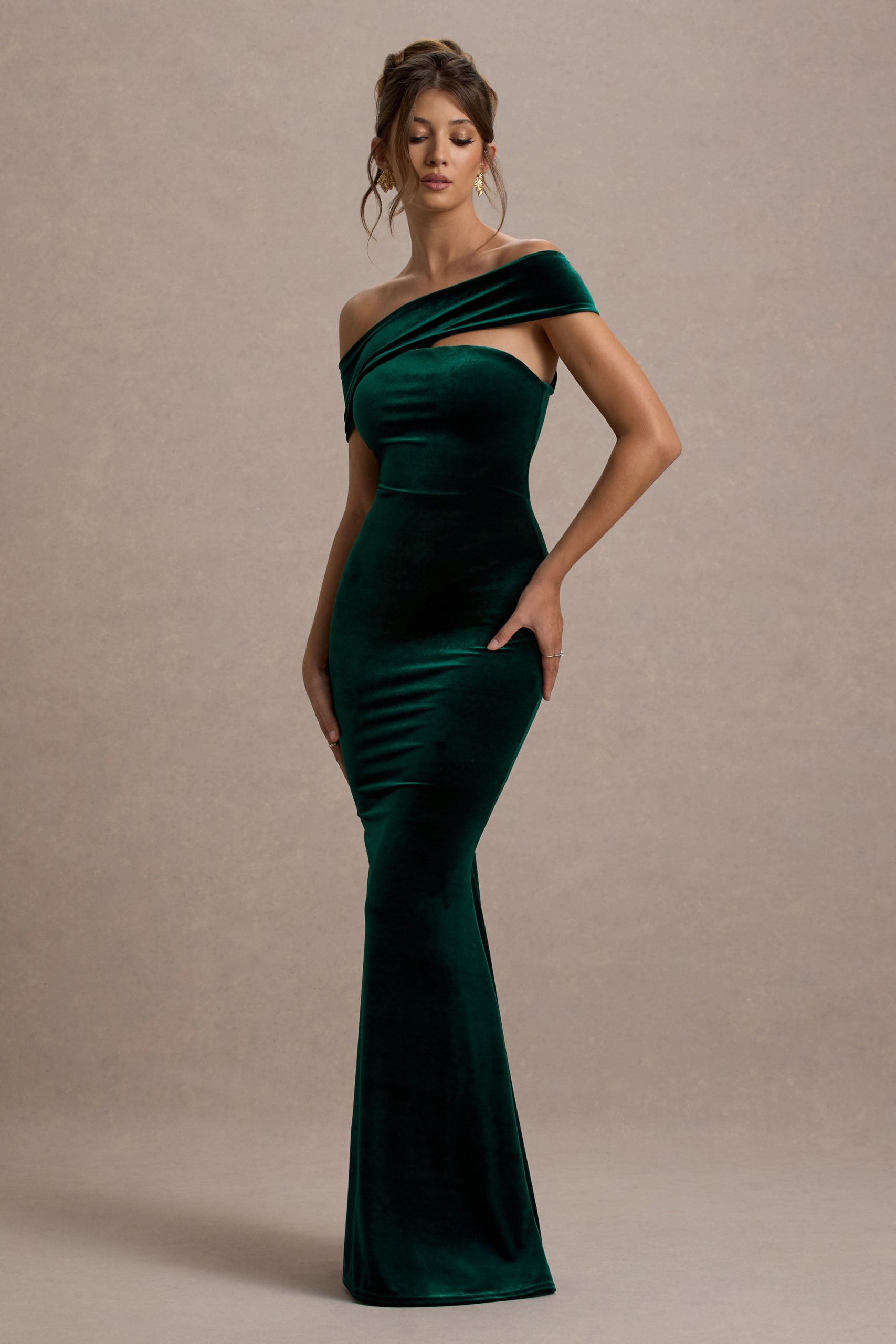 Candela | Bottle Green Velvet Asymmetric Bardot Maxi Dress - Image 4