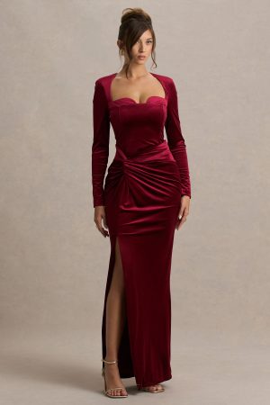 Fay | Berry Velvet Corset Style Knot Maxi Dress