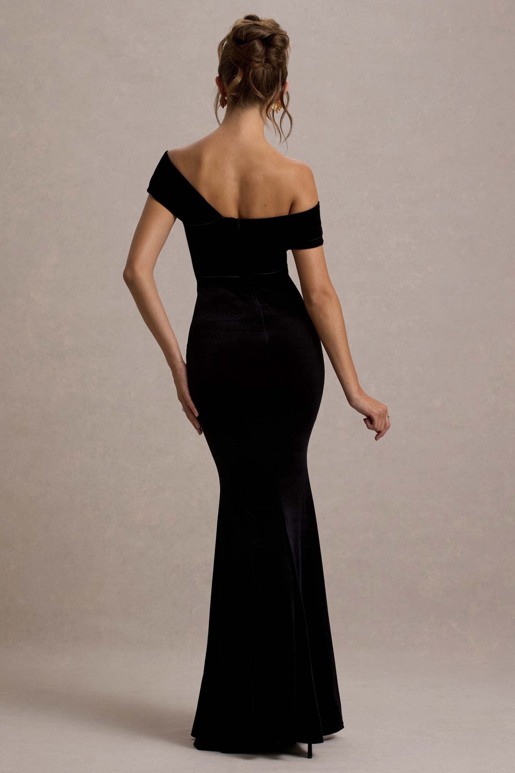 Candela | Black Velvet Asymmetric Bardot Maxi Dress - Image 2