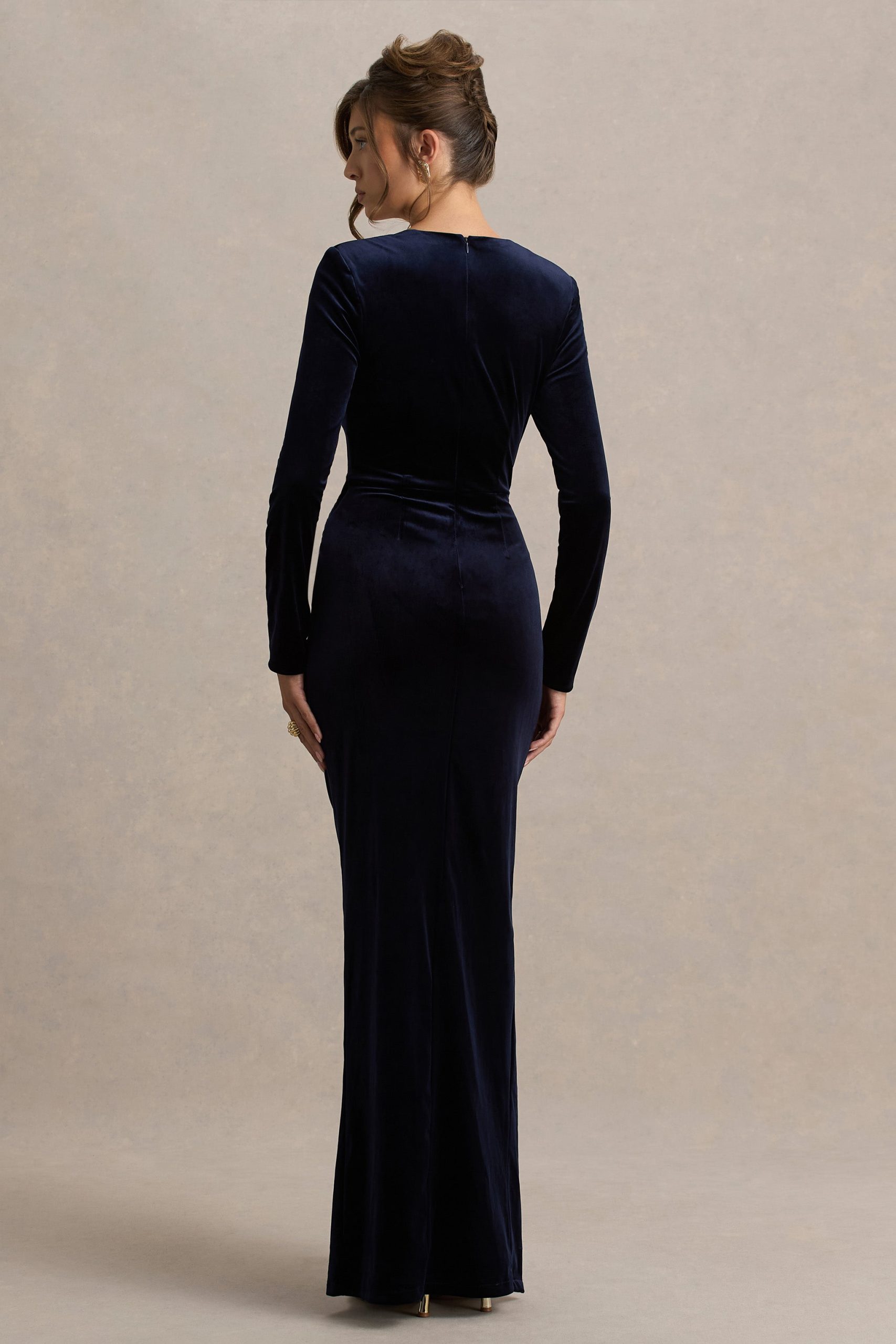 Fay | Navy Velvet Corset Style Knot Maxi Dress - Image 2