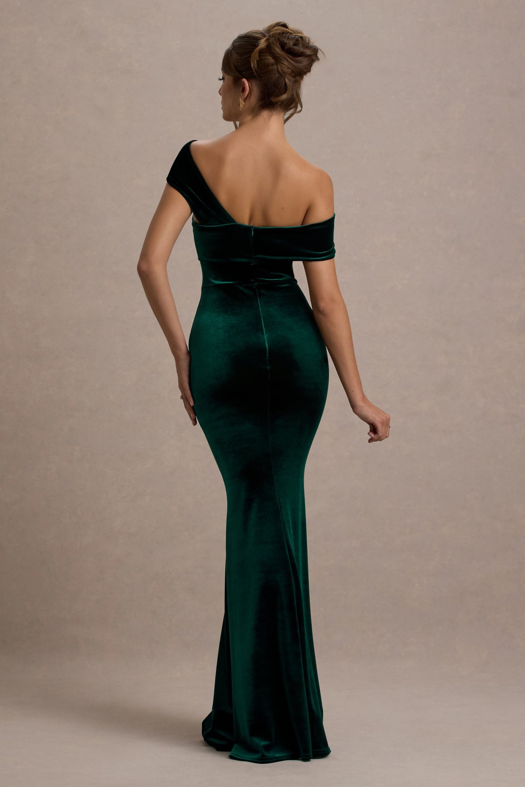 Candela | Bottle Green Velvet Asymmetric Bardot Maxi Dress - Image 2