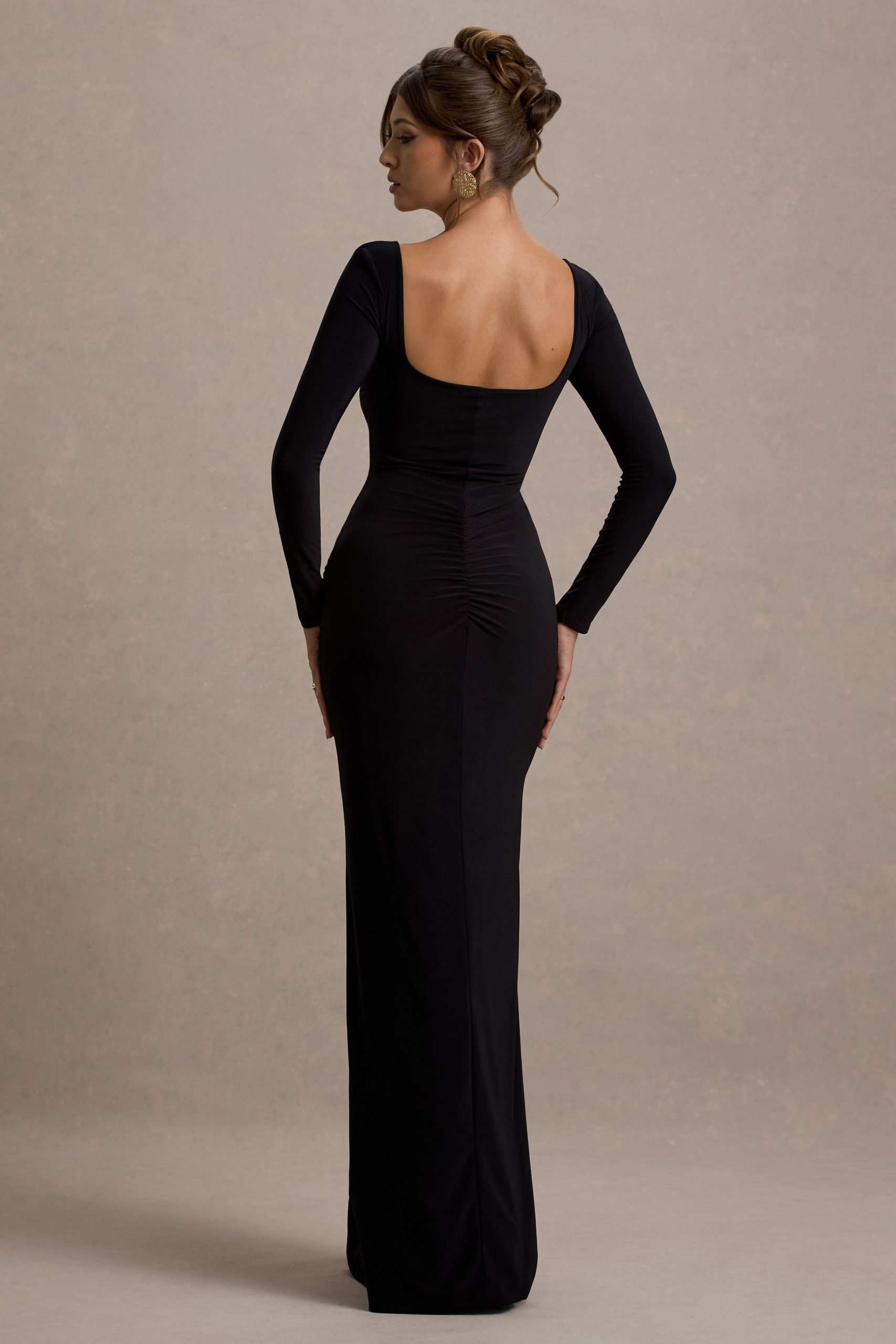 My Pleasure | Black Square Neck Ruched Maxi Dress - Image 2