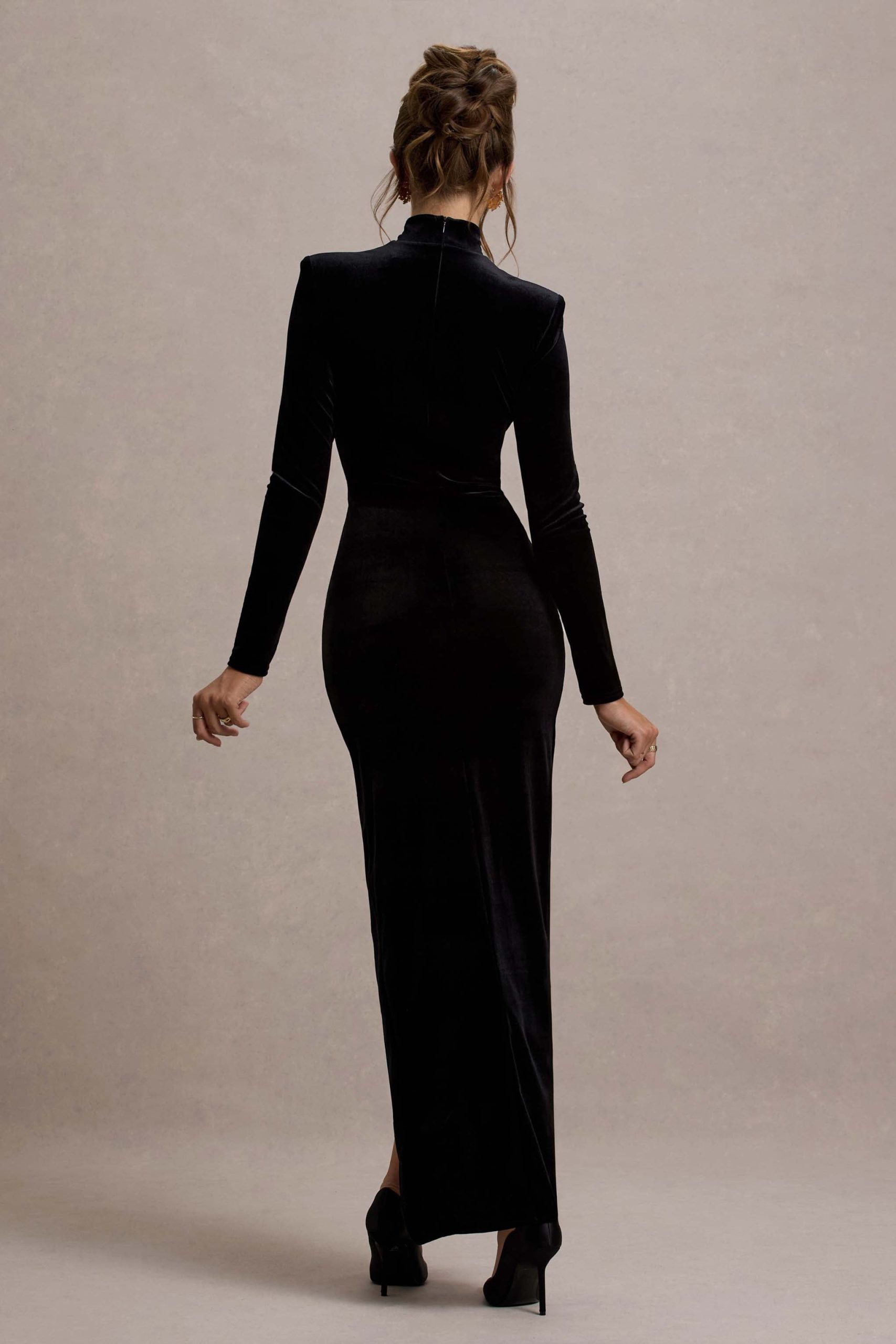 Jaz | Black Velvet High-Neck Gathered Split Maxi Dress - Image 2