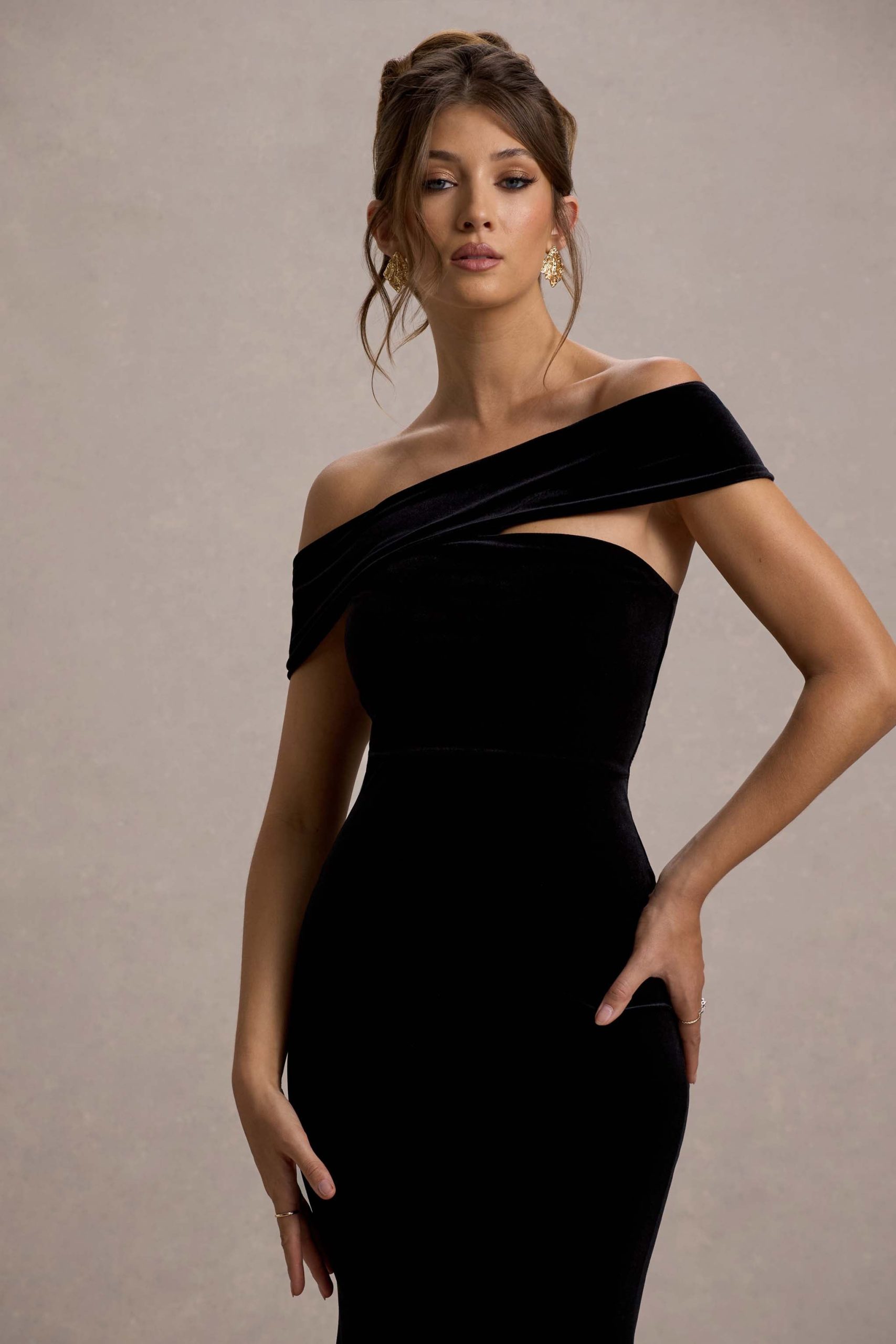 Candela | Black Velvet Asymmetric Bardot Maxi Dress - Image 3