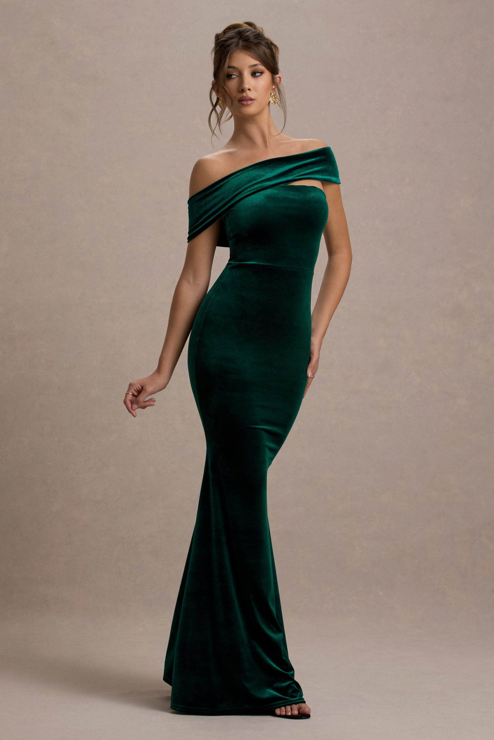 Candela | Bottle Green Velvet Asymmetric Bardot Maxi Dress - Image 5