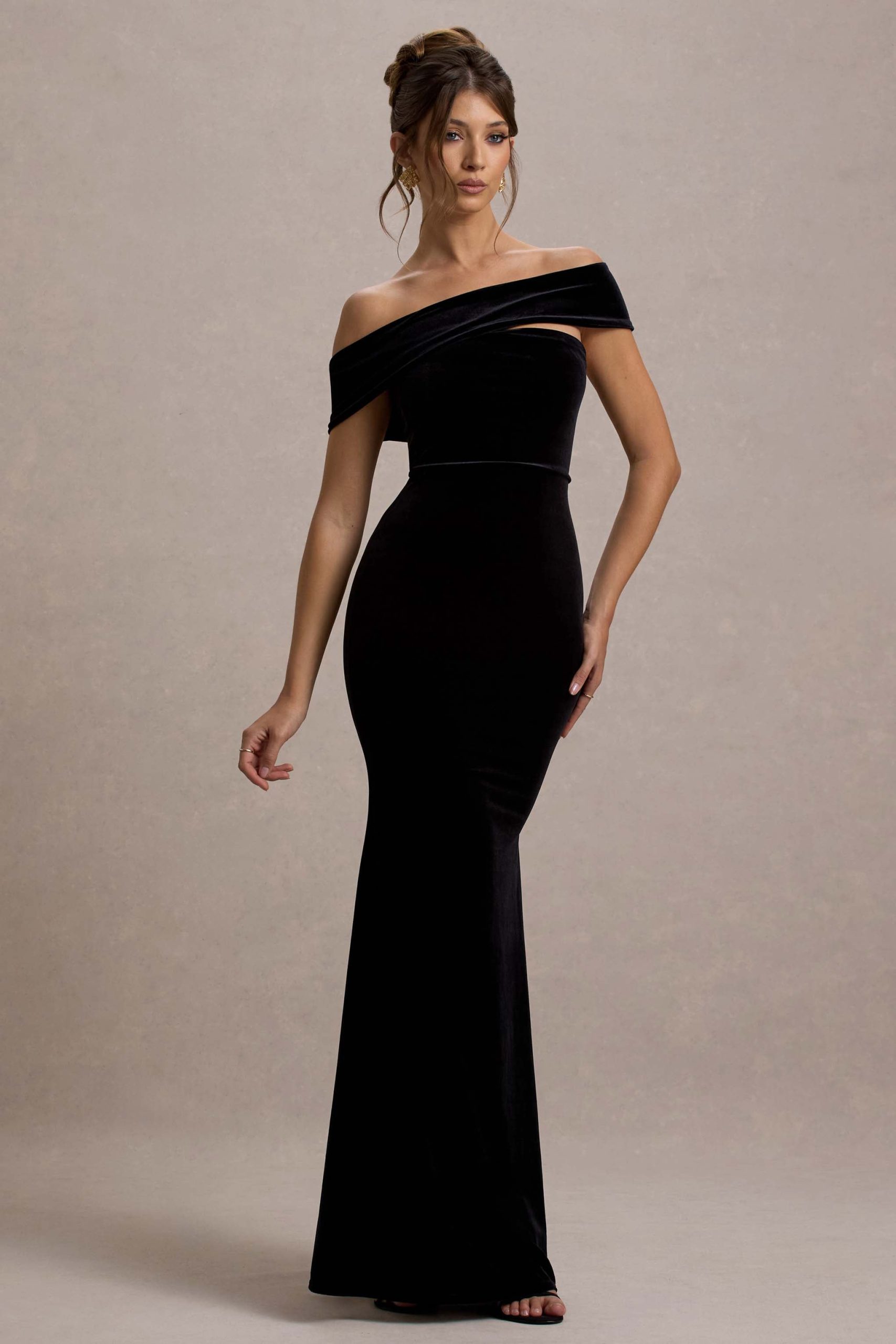 Candela | Black Velvet Asymmetric Bardot Maxi Dress - Image 5